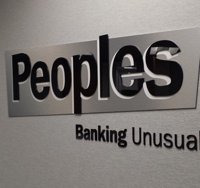Custom Interior Business Brushed Silver Lobby Sign Peoples Bank in Costa Mesa 