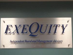 Exequity: Brushed Alum Backing W/ Vinyl Lettering on Acrylic by Focal Point Costa Mesa