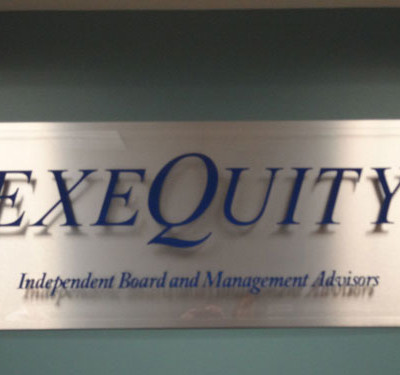 Exequity: Brushed Alum Backing W/ Vinyl Lettering on Acrylic by Focal Point Costa Mesa