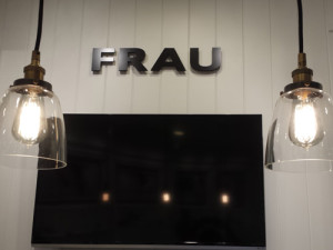 FRAU Newport Beach: Pin Mounted Custom Acrylic Face Covered Vinyl w/ Dark Wood Textured Lobby Sign by Focal Point Costa Mesa