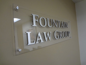 Fountain Law Group: Custom Lobby Sign Brushed Alum Faced Acrylic Dimensional Letters on Acrylic Backing by Focal Point Costa Mesa