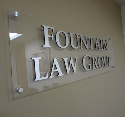 Fountain Law Group: Custom Lobby Sign Brushed Alum Faced Acrylic Dimensional Letters on Acrylic Backing by Focal Point Costa Mesa