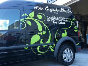 The English Garden Laguna Beach: Custom Car/Truck Design & Install w/ green printed vinyl & white vinyl by Focal Point Signs Costa Mesa