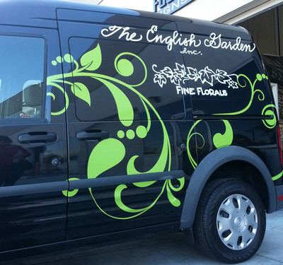 The English Garden Laguna Beach: Custom Car/Truck Design & Install w/ green printed vinyl & white vinyl by Focal Point Signs Costa Mesa