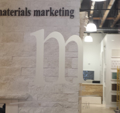 Materials Marketing: Interior Lobby Sign Pin Mounted with Spacers & Dusted Window Vinyl by Focal Point Costa Mesa