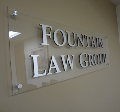 Fountain Law Group: Custom Lobby Sign Brushed Alum Faced Acrylic Dimensional Letters on Acrylic Backing by Focal Point Costa Mesa